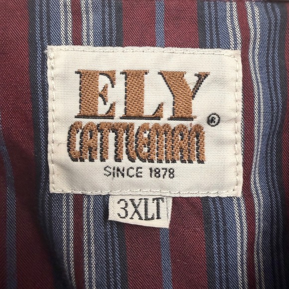 Ely Cattleman Mens 3XLT Western Pearl Snap Shirt Burgundy Blue Striped Tall Man - Picture 3 of 5